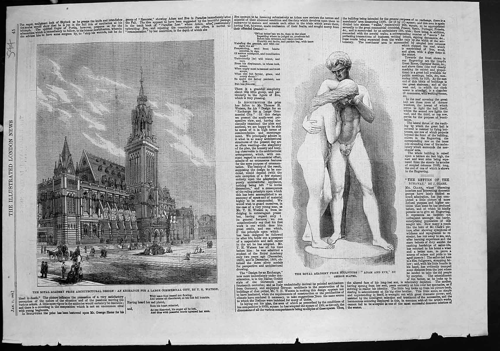 Old Print Sculpture Adam Eve George Slater Exchange Commercial City 1862 19th
