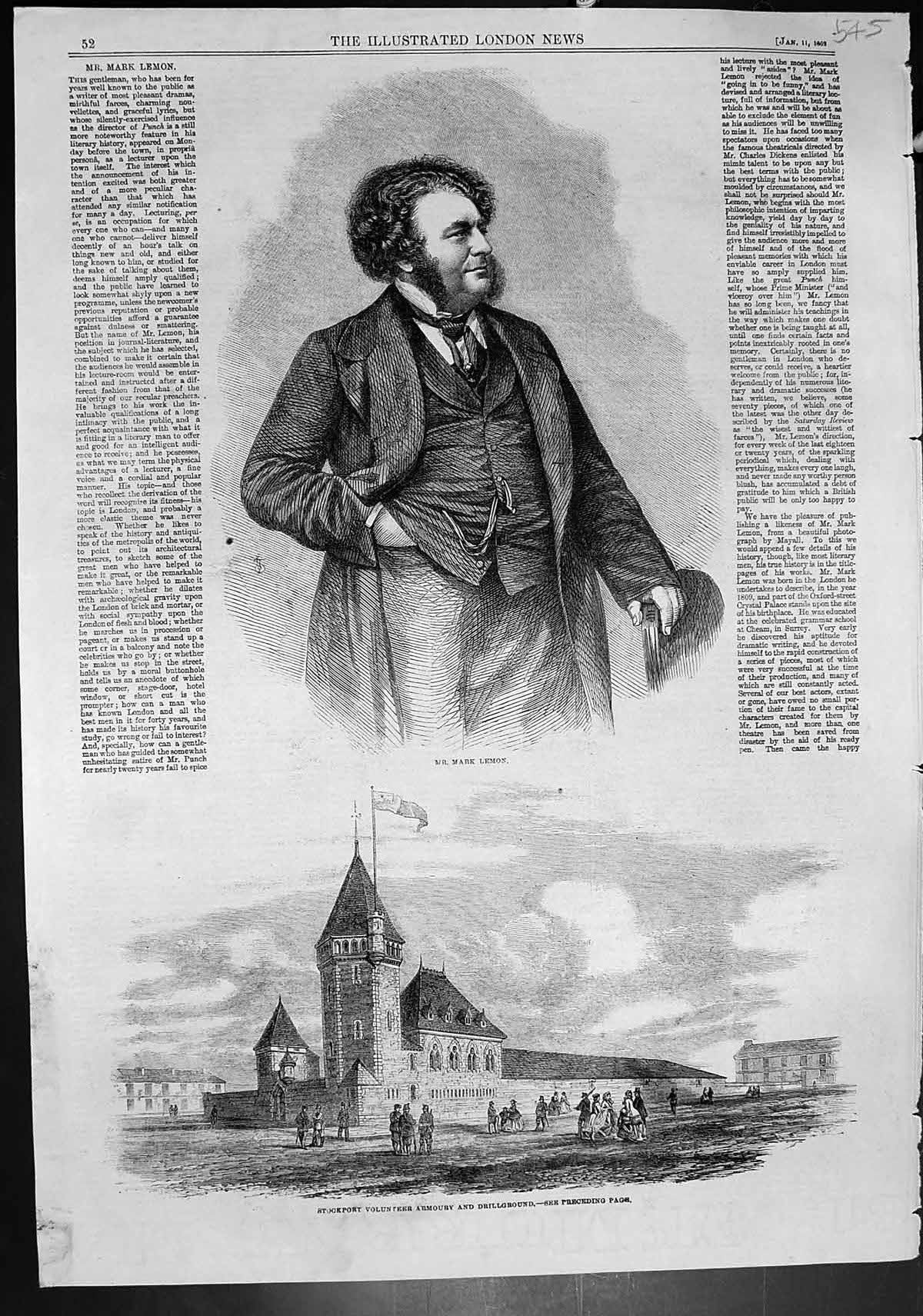 Antique Old Print Mr Mark Lemon Stockport Volunteer Armoury Drillground 1862
