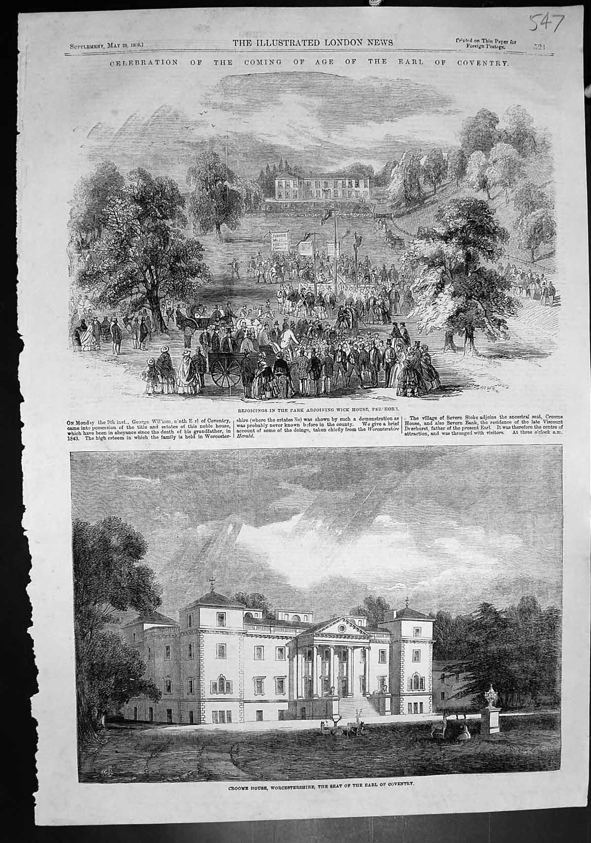 Old Coming Age Earl Coventry Park Wick House Pershore Croome Ho 1859 Victorian