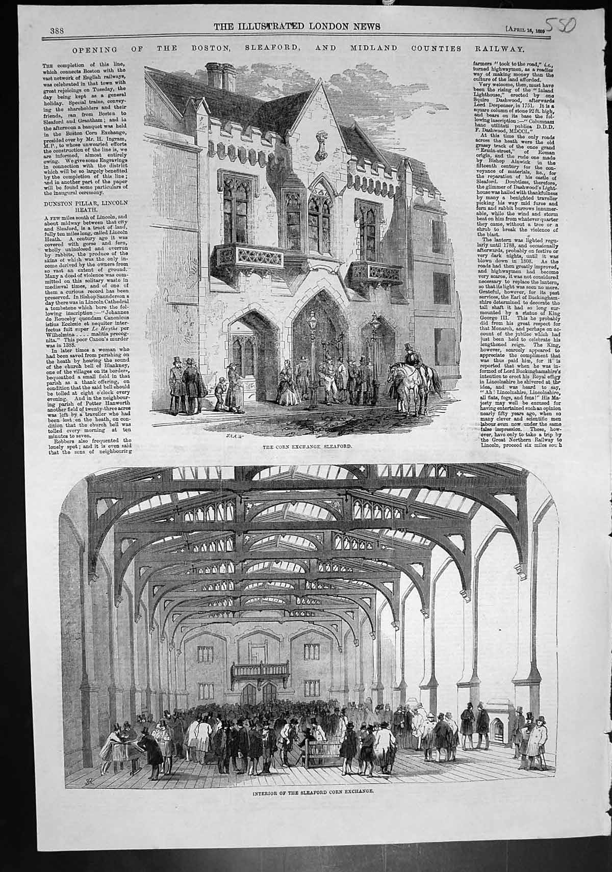 Antique Print Corn Exchange Sleaford Opening Midland Counties Railway 1859 19th