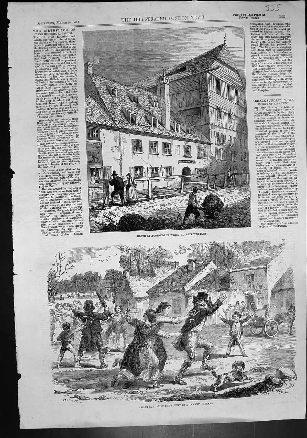 Old Print Augsburg Holbein Born Chalk Sunday County Kilkenny Ireland 1859 19th