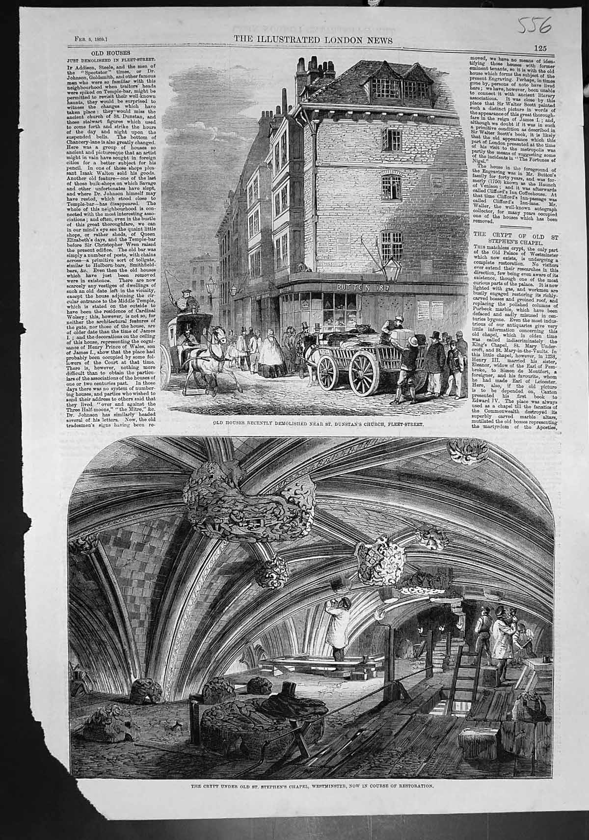 Antique Print Houses Demolished Fleet St Crypt Under St Stephens Chapel 185