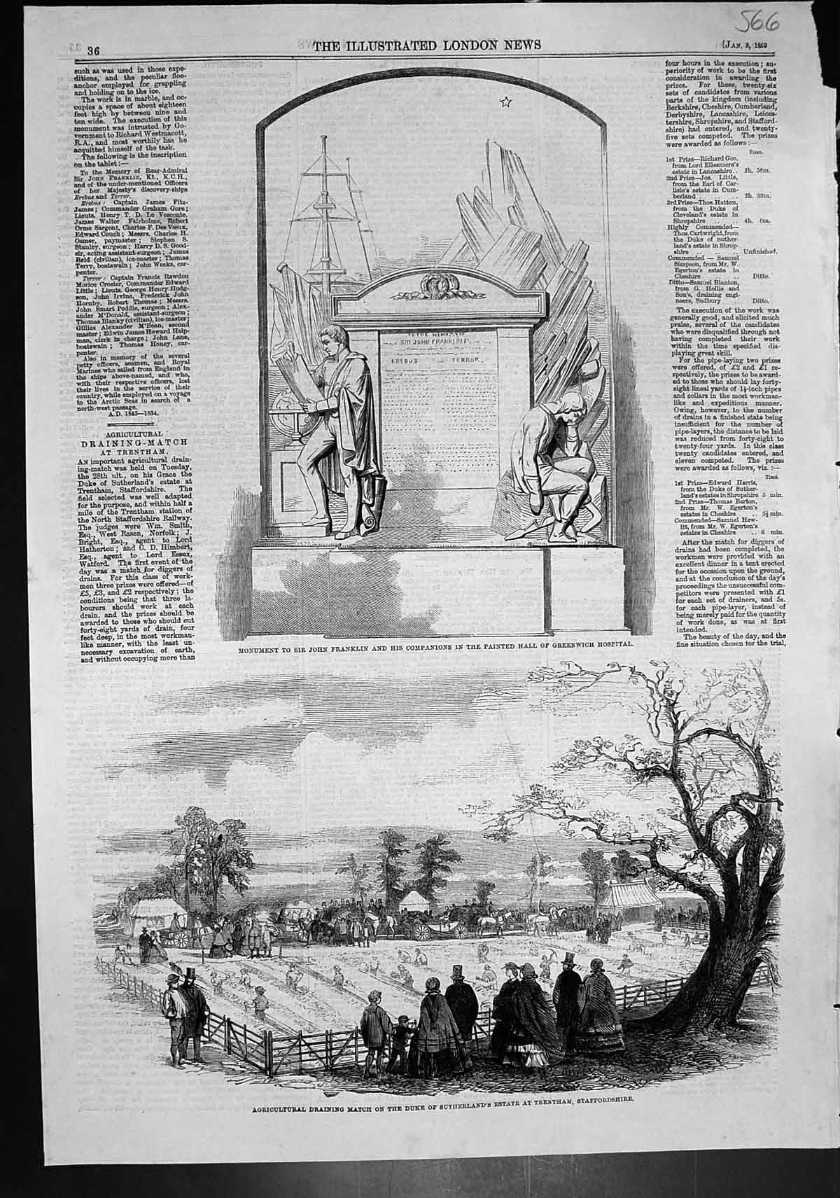 Antique Print Monument John Franklin Greenwich Draining Match Trentham 1859
