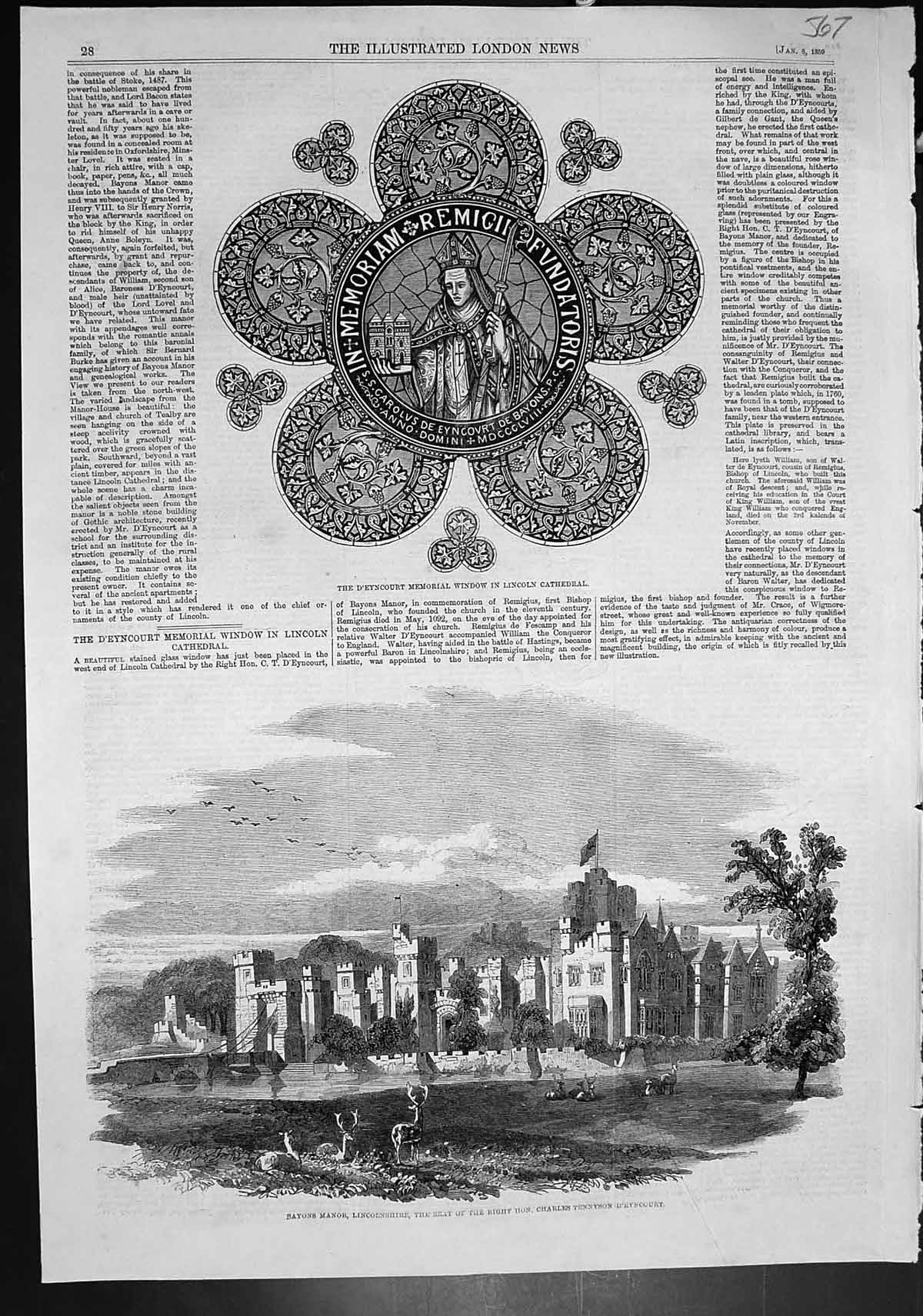 Old Print D'Eyncourt Window Lincoln Cathedral Bayons Manor Tennyson 1859 19th