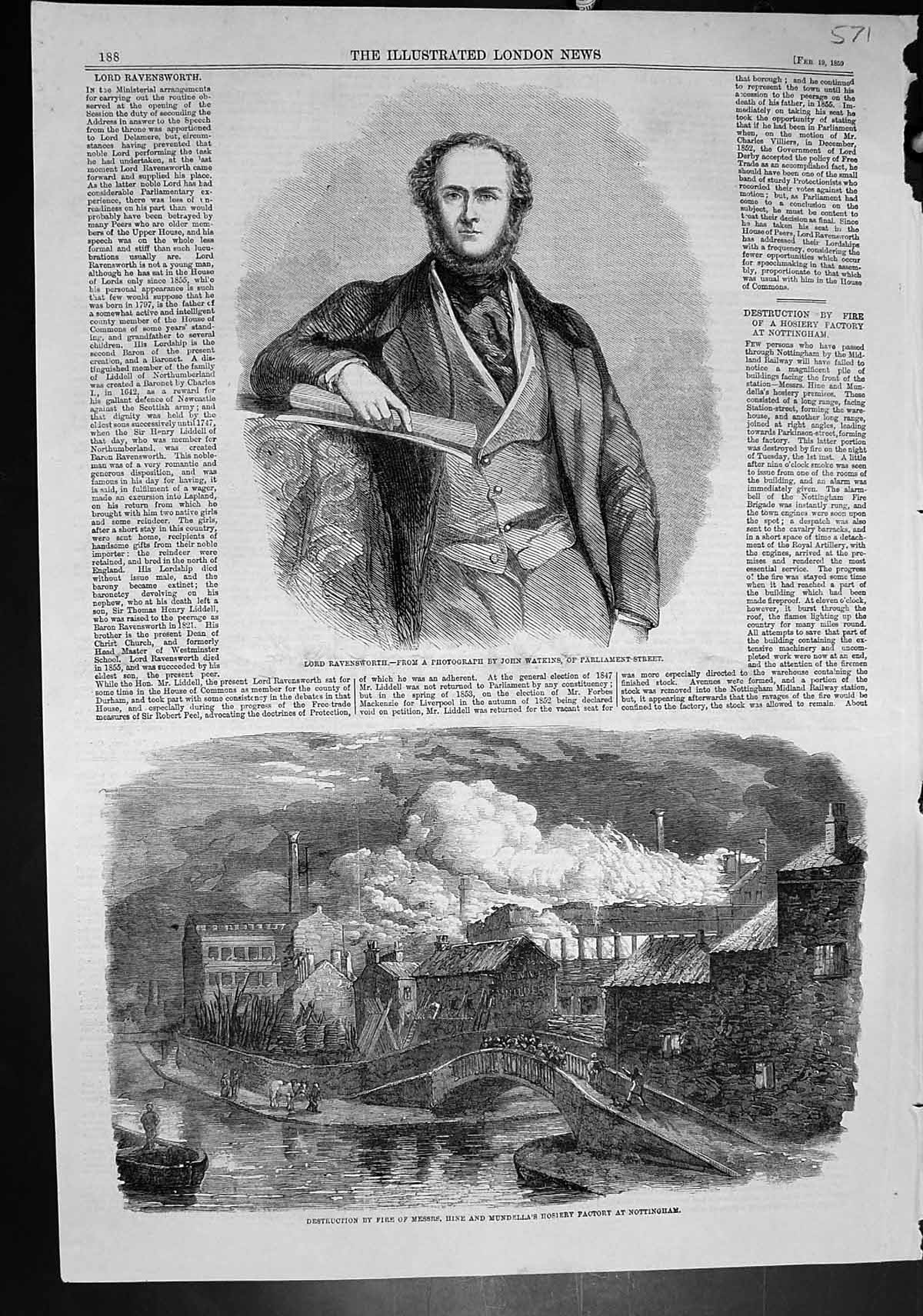 Old Lord Ravensworth Destruction Fire Hosiery Factory Nottingham 1859 Victorian