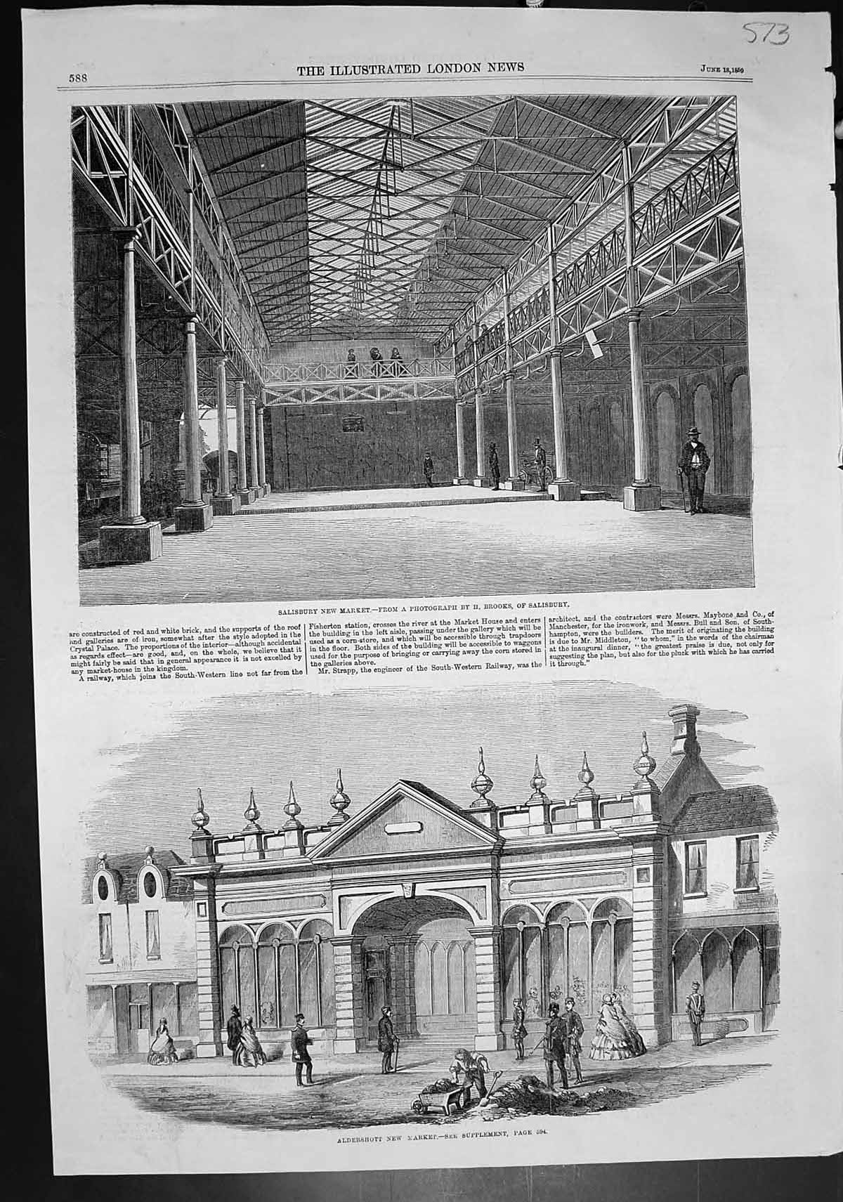 Antique Old Print Salisbury New Market Aldershott New Market Exterior 1859 19th