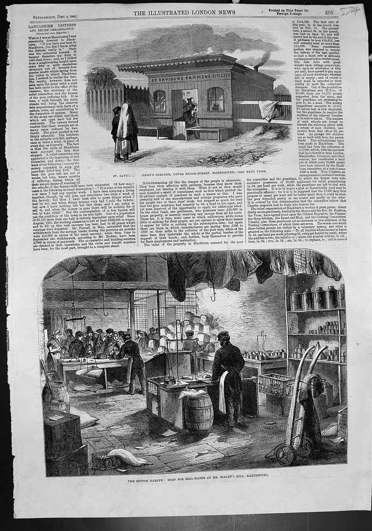 Old Print St Saviours Cabmens Shelter Cotton Famine Shop Manchester 1862 19th
