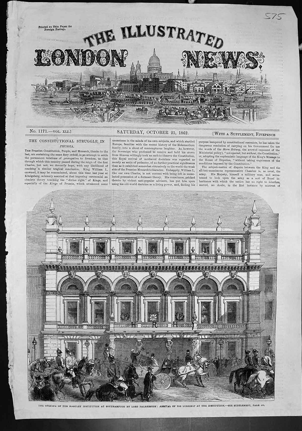 Antique Print Opening Hartley Institution Southampton Lord Palmerston 1862 19th