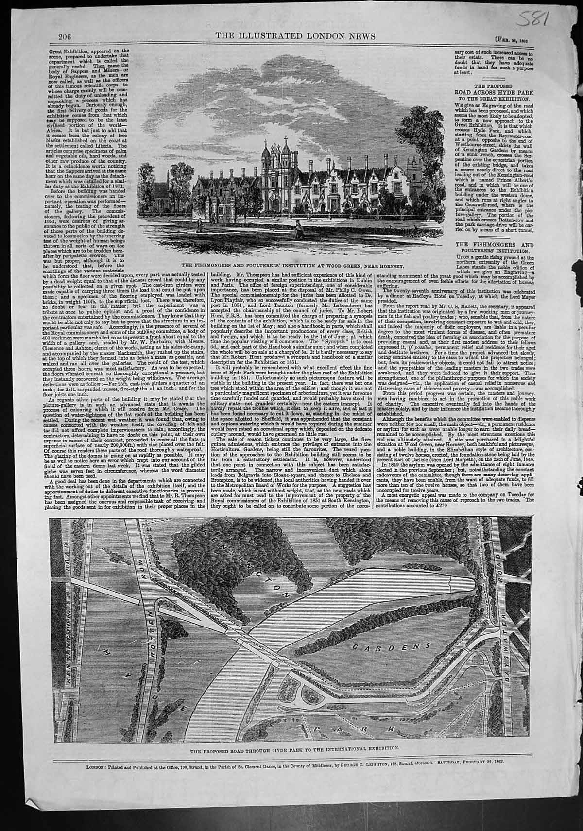 Old Print Fishmongers Institution Wood Green Proposed Road Hyde Park 1862 19th