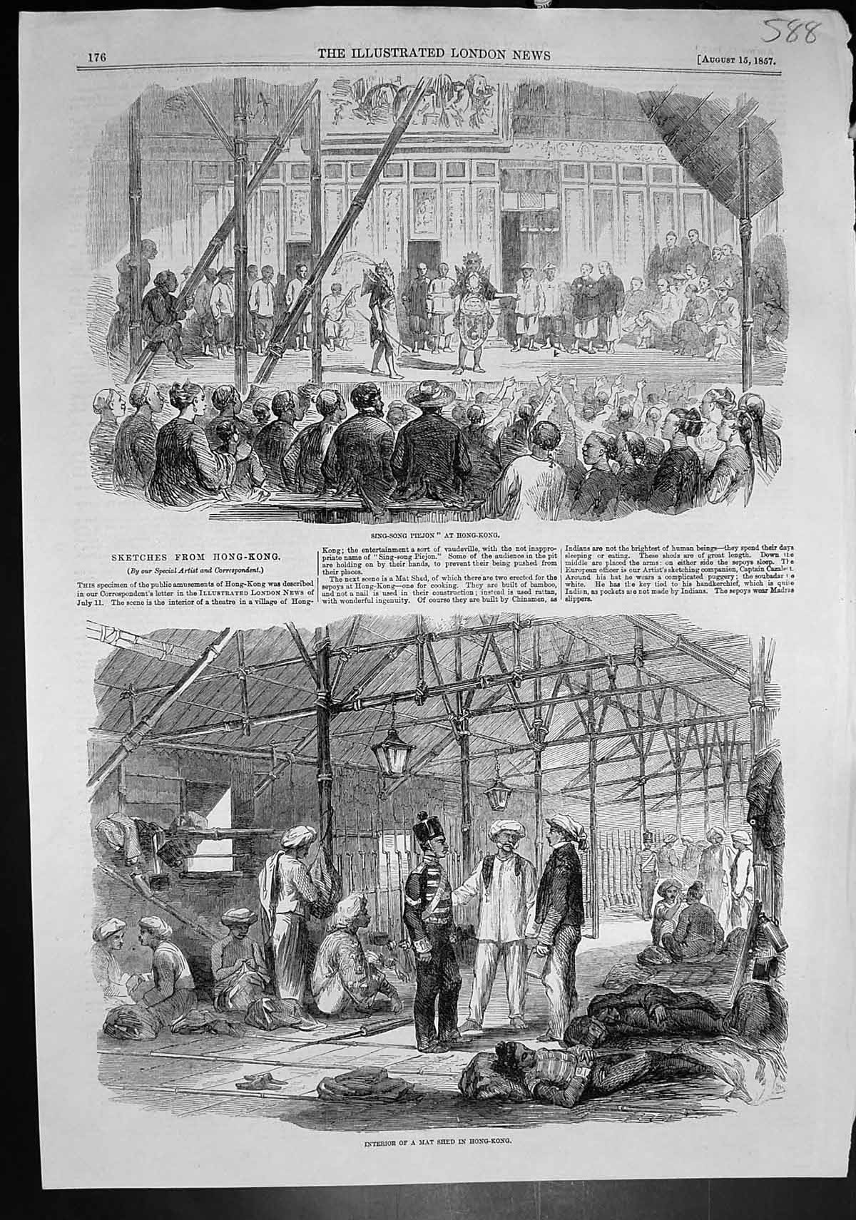 Antique Old Print Sing Song Piejon Hong Kong Interior Mat Shed Hong Kong 1857