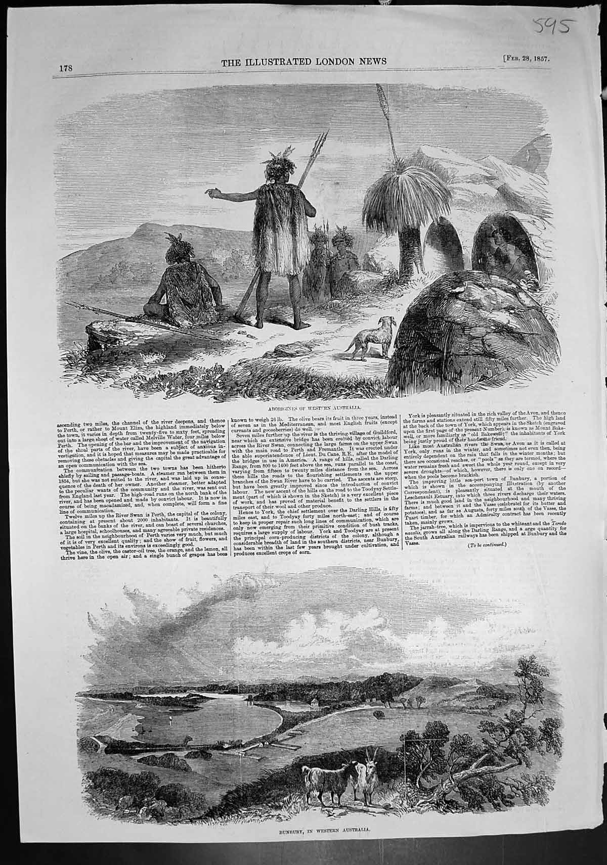 Antique Old Print Aborigines Western Australia Bunbury Western Australia 1857