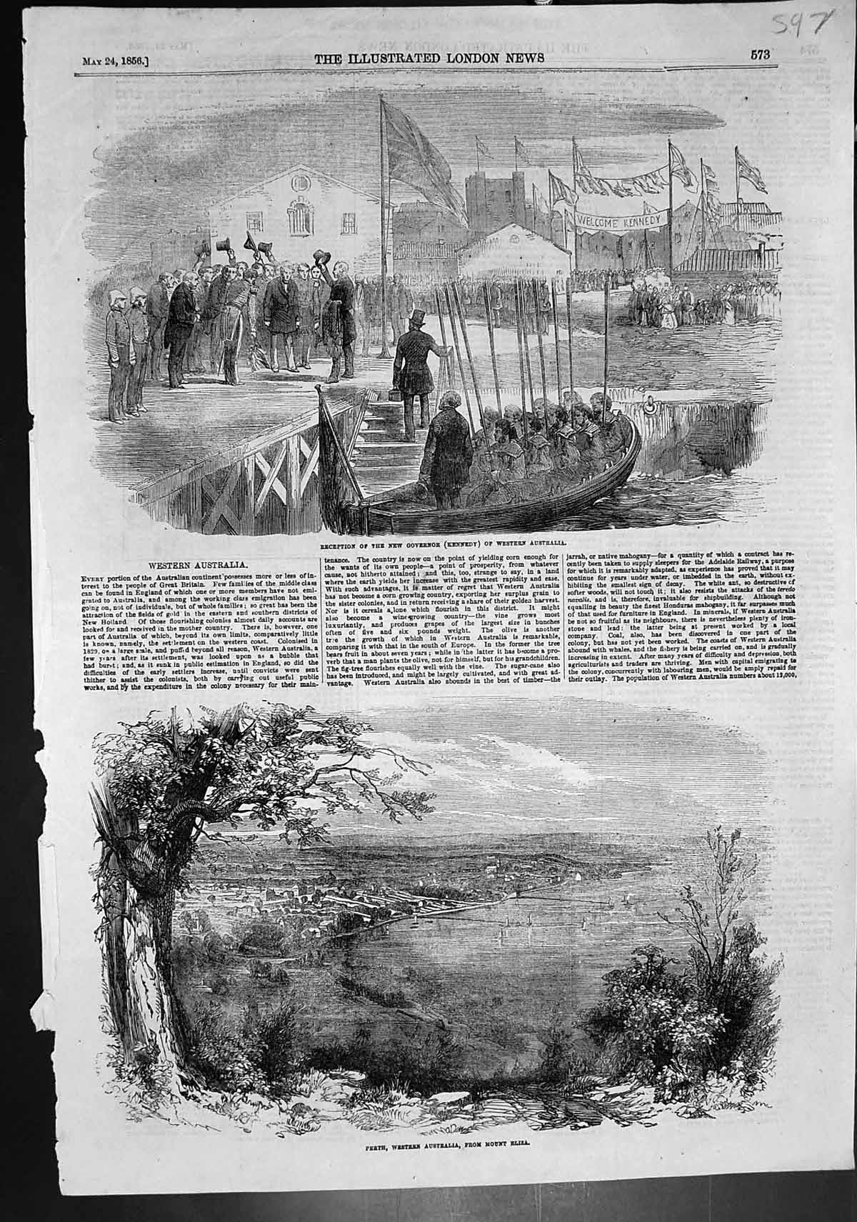 Antique Old Print Reception New Governor Kennedy Perth Western Australia 1856