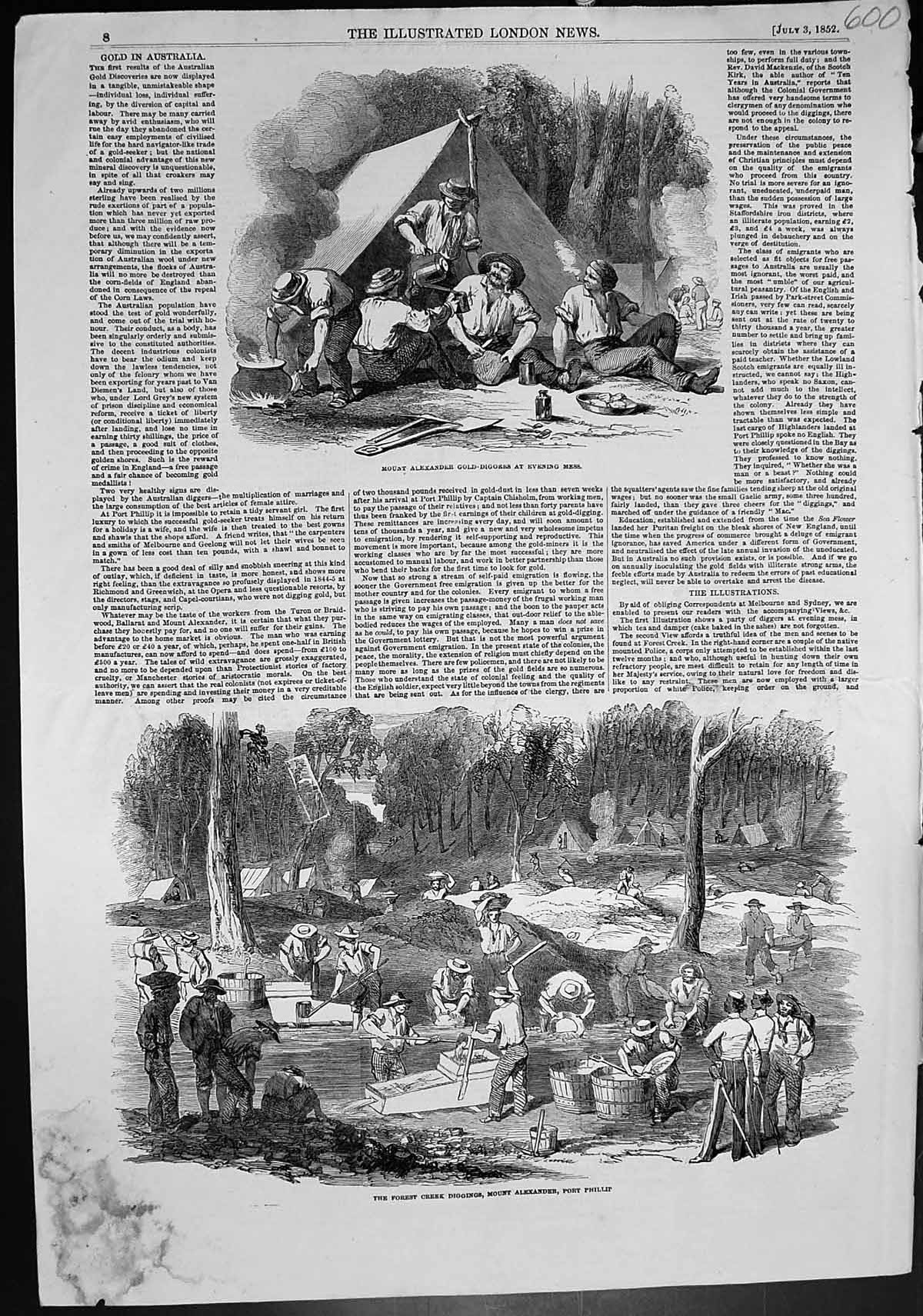 Antique Print Mount Alexander GDiggings Mess Forest Creek Port Phillip 1852