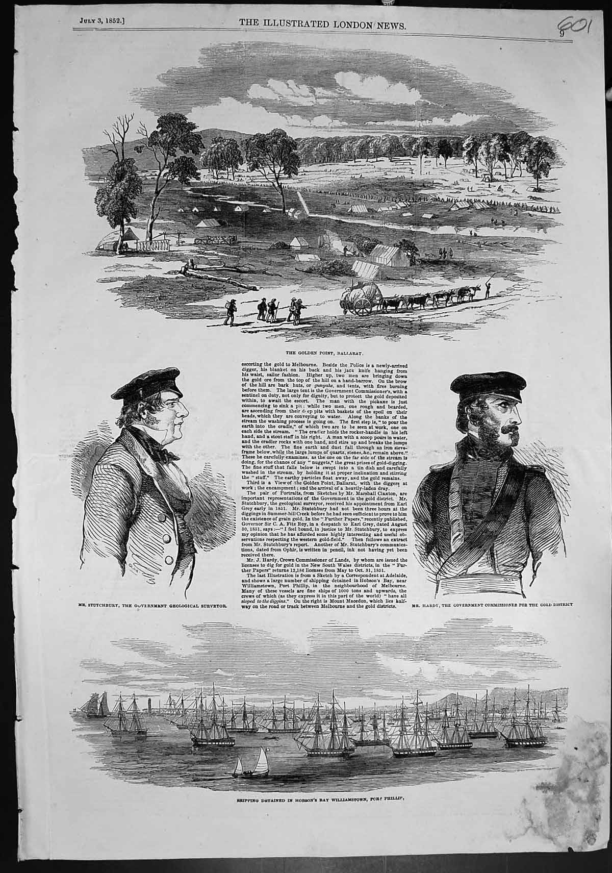 Antique Old Print Gen Point Ballarat Shipping Hobsons Bay Port Phillip 1852