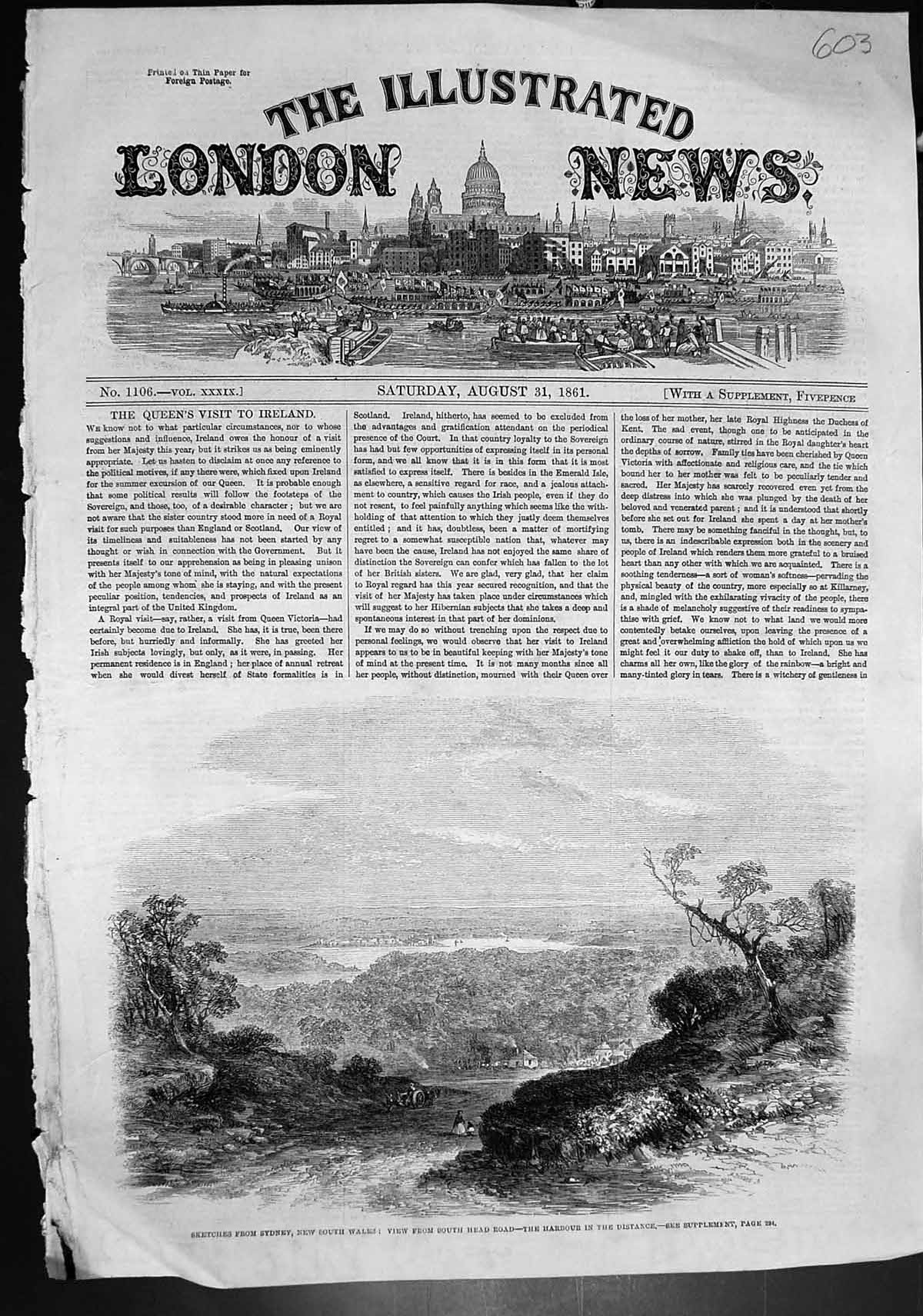 Antique Print Sketches Sydney New South Wales South Head Road Harbour 1861 19th