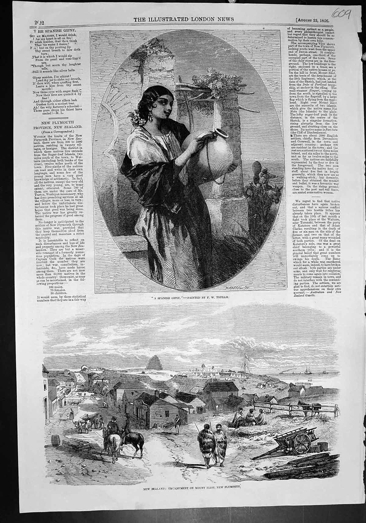 Old Print Spanish Gypsy Camp Mt Eliot New Zealand Roman Toilet Ring 1856 19th
