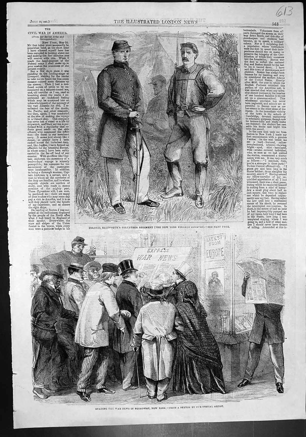 Antique Print New York Firemen Zouaves War News Flagstaff Kew Gardens 1861 19th