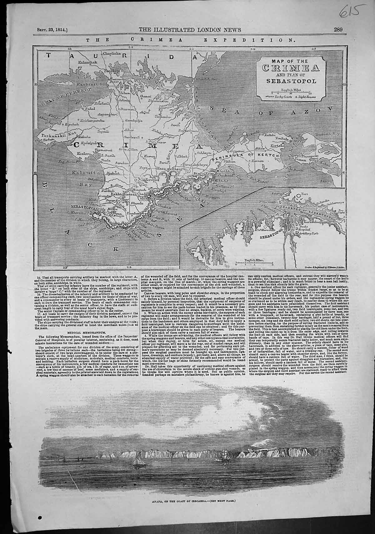 Old Print Map Crimea Sebastopol Anapa Coast Circassia Ambulance Army 1854 19th