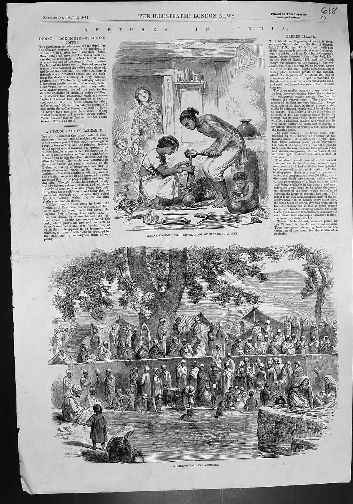 Old Print Indian Cook House Hindoo Fair Asylum Croydon Winter Moths 1858 19th