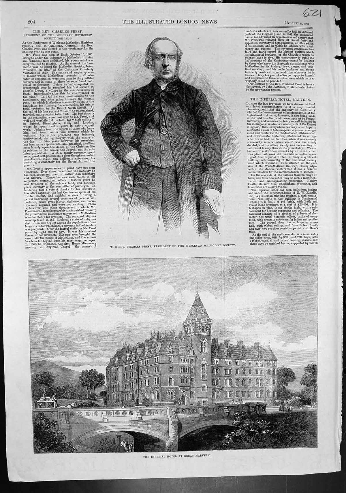 Old Print Rev Charles Prest Imperial Hotel Great Malvern Rosas Comet 1862 19th
