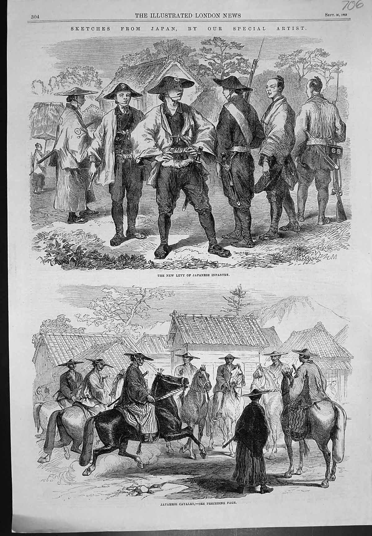 Old Print Sketches Japan New Levy Japanese Infantry Japanese Cavalry 1863 19th