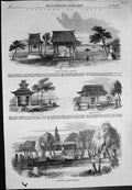 Old Antique Print Japan Gateway Belfry Hakodade Temple Burial Place 1856 19th