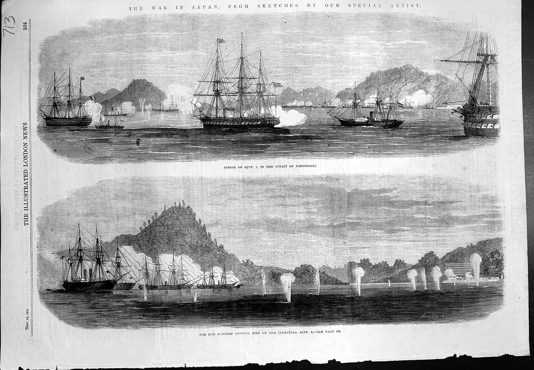 Old War Japan Action Strait Simonosaki Red Battery Fire Corvettes 186 Victorian