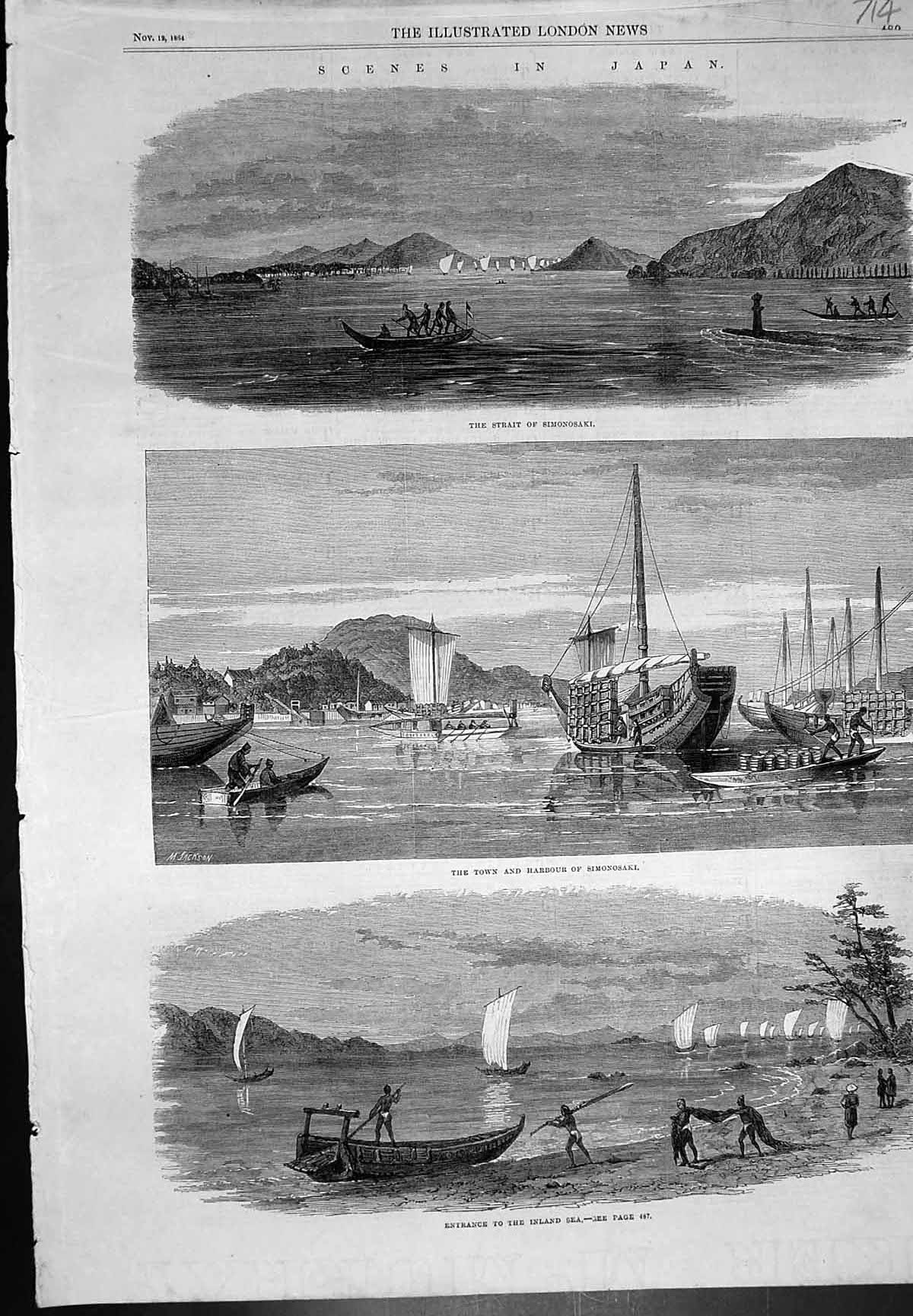 Antique Print Japan Strait Simonosaki Town Harbour Entrance Inland Sea 1864