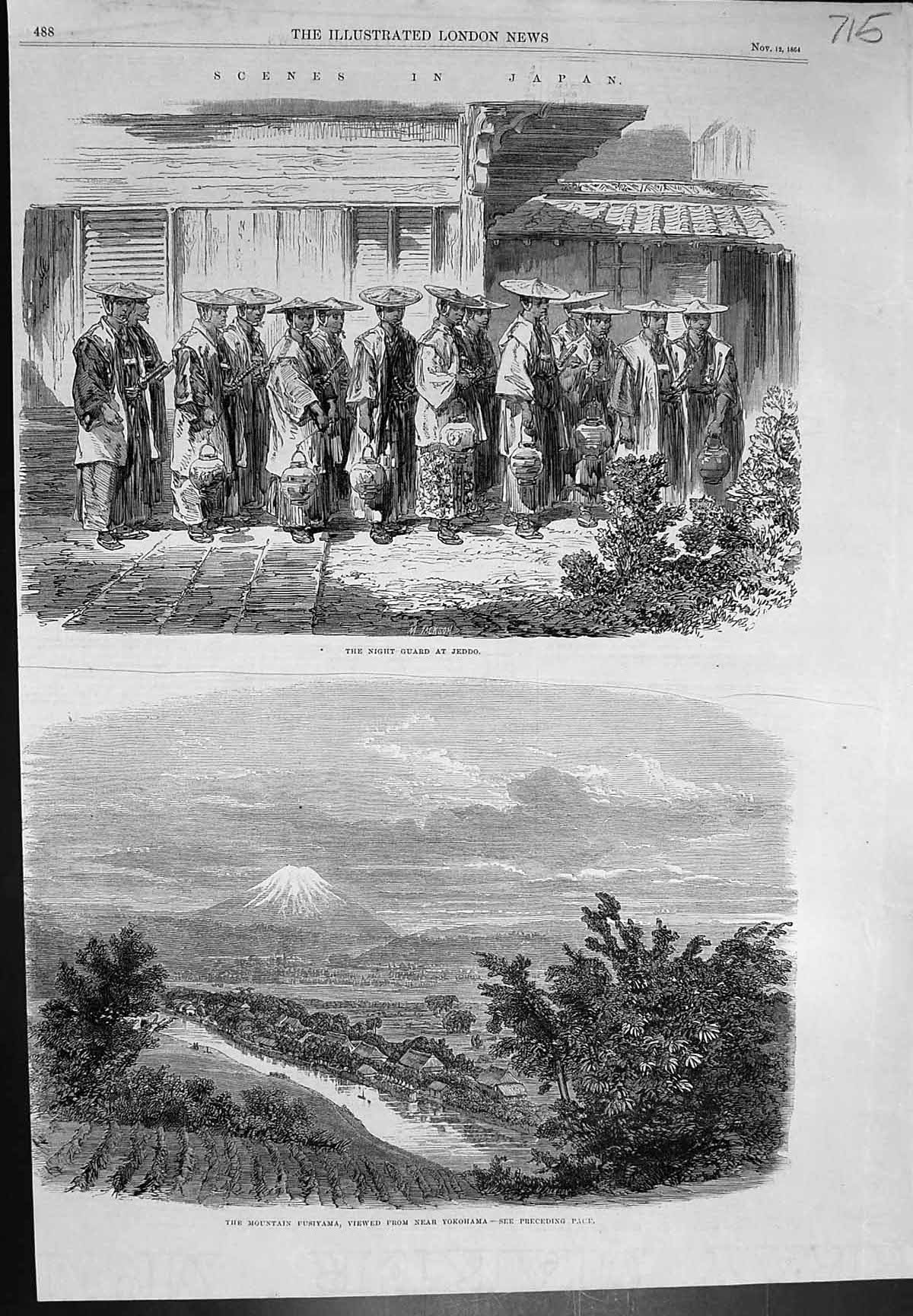 Antique Print Japan Night Guard Jeddo Mountain Fusiyama Near Yokohama 1864 19th