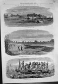 Antique Old Print Japan Palace Daimio Agasi Whaling Boat Harbour Osima 1864