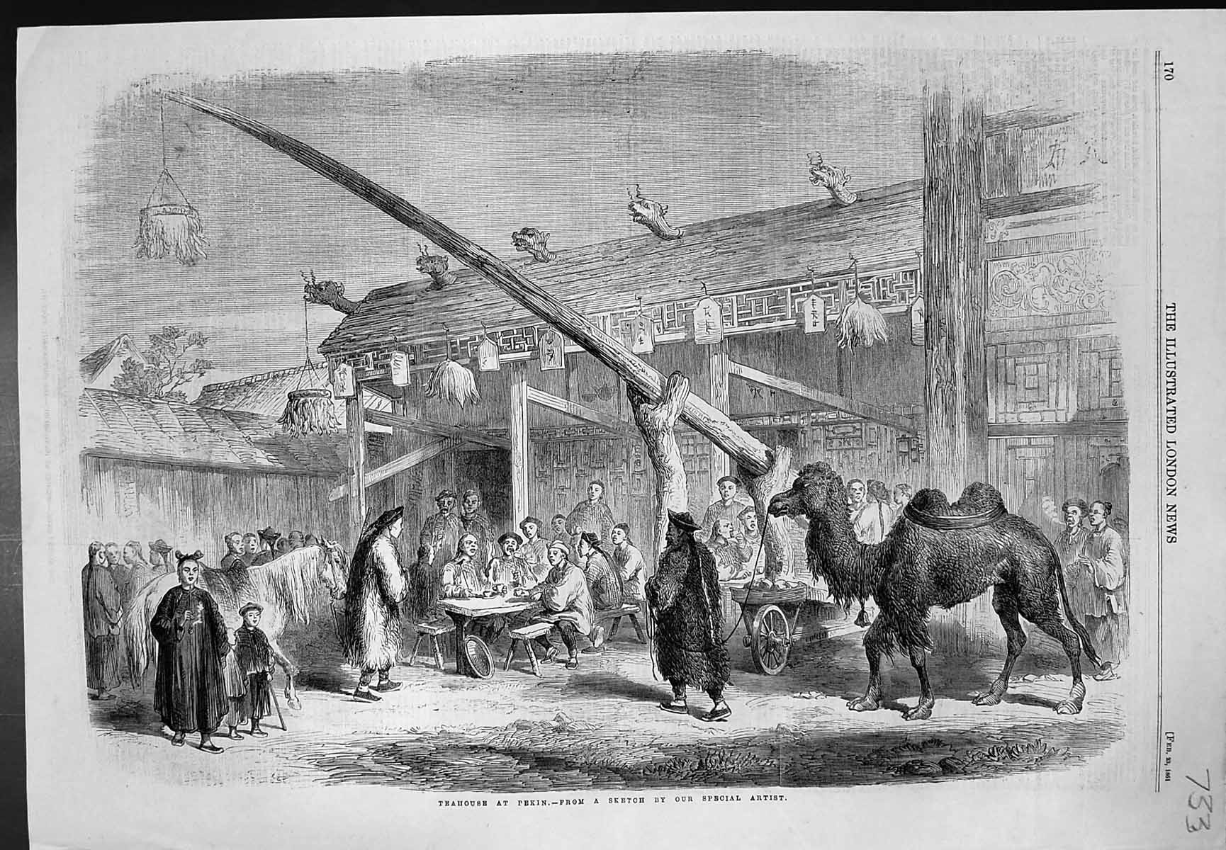 Antique Print Teahouse Pekin China Sitting Tables Outside Horse Camel 1861 19th