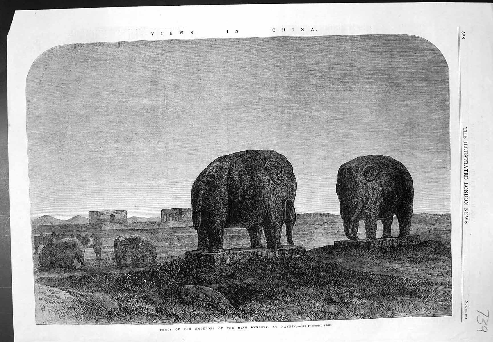 Original Old Antique Print China Tomb Emperors Ming Dynasty Nankin 1864 19th