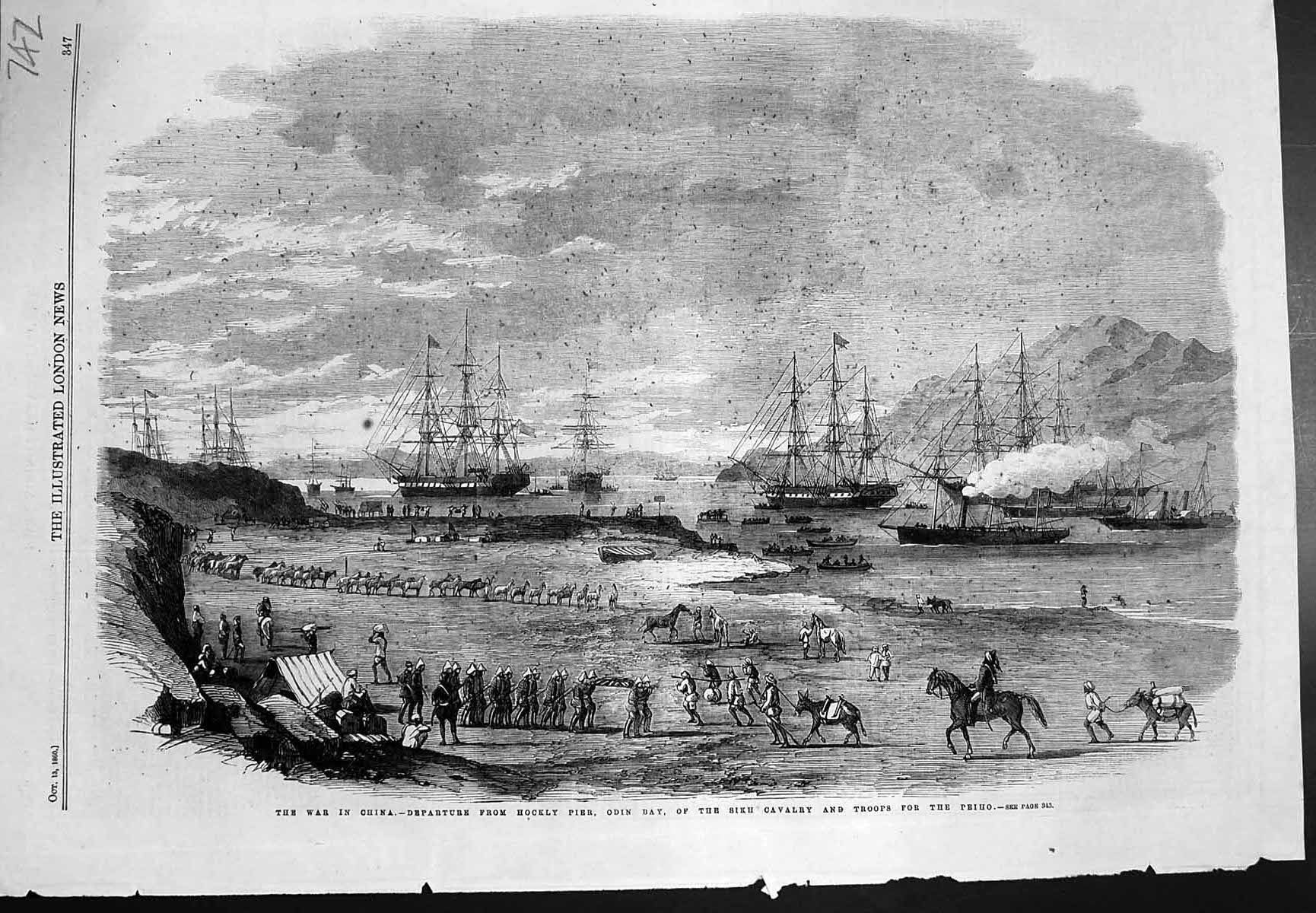 Antique Old Print China Departure Hockly Pier Sikh Cavalry Troops Peiho 1860