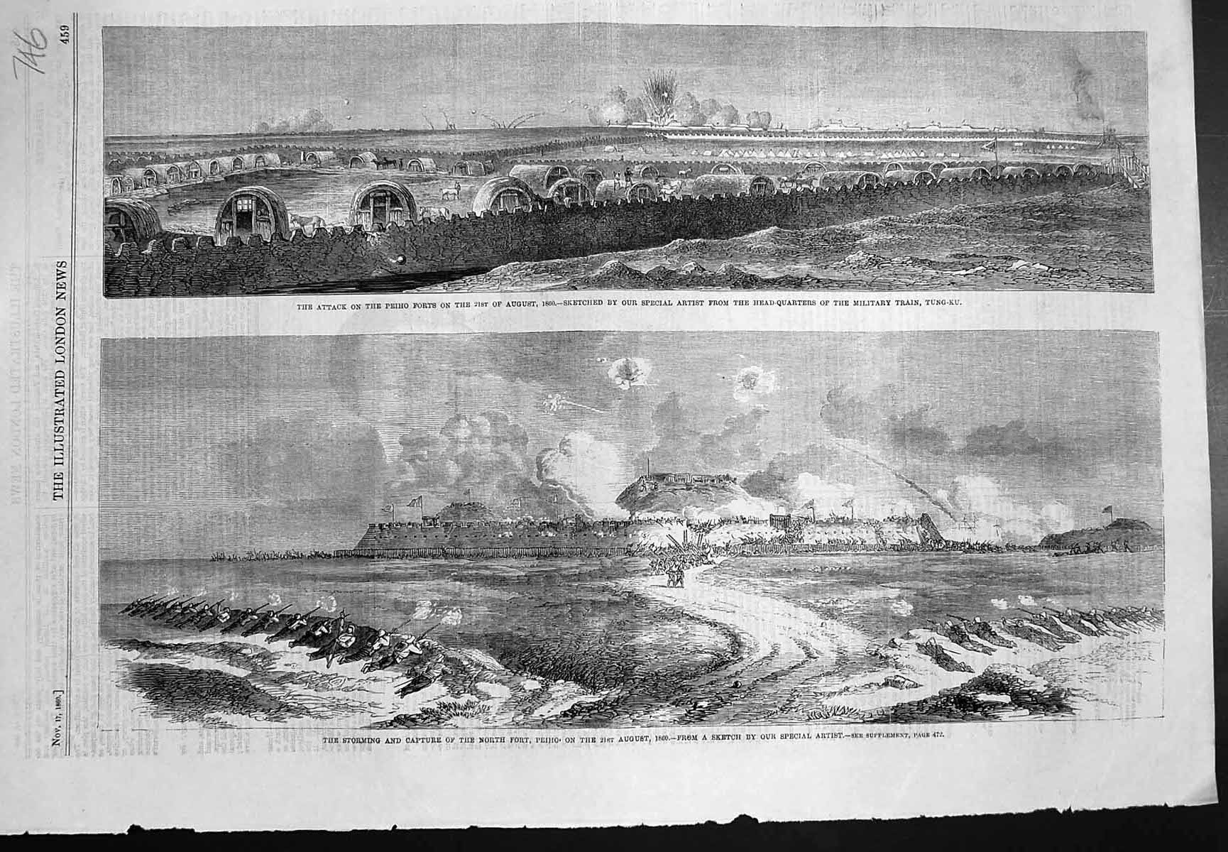 Antique Old Print Attack Peiho Forts Storming Capture North Fort Peiho 1860