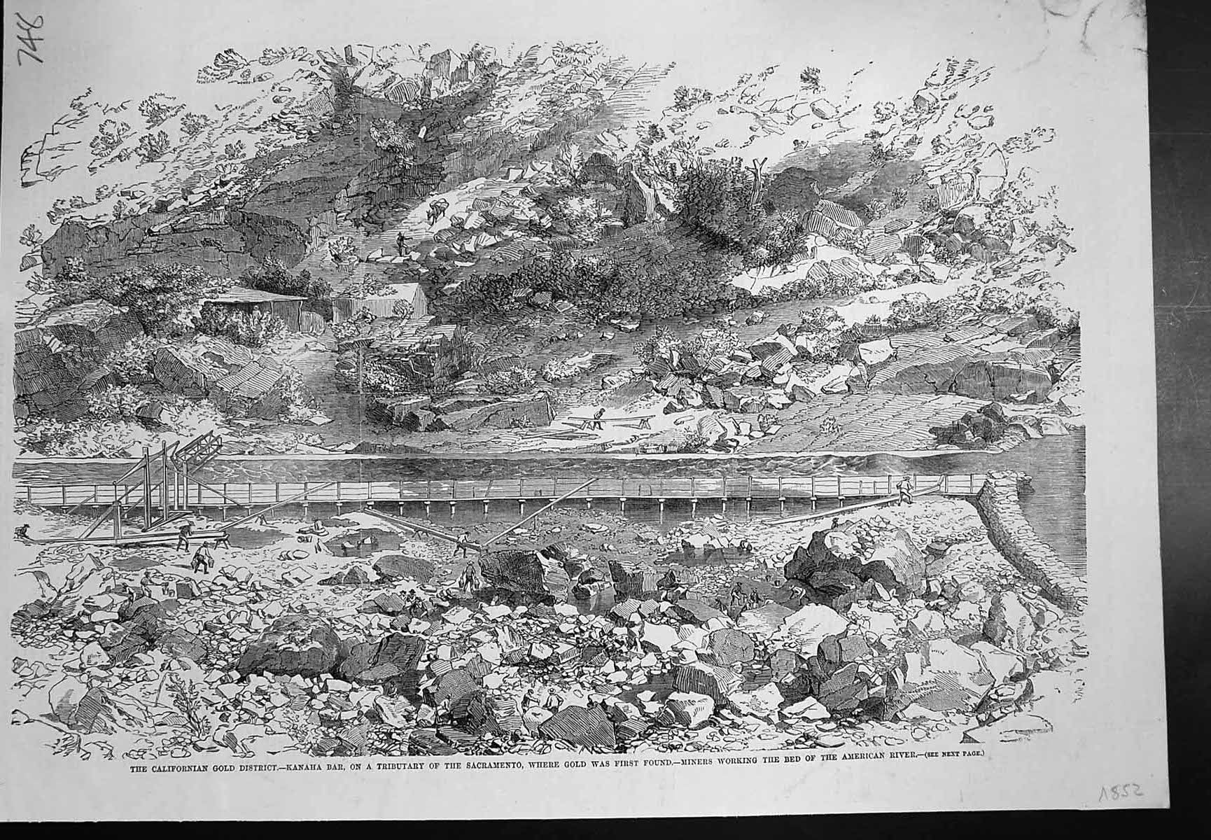 Antique Print Californian GDistrict Miners Working Kanaha Bar Sacramento185