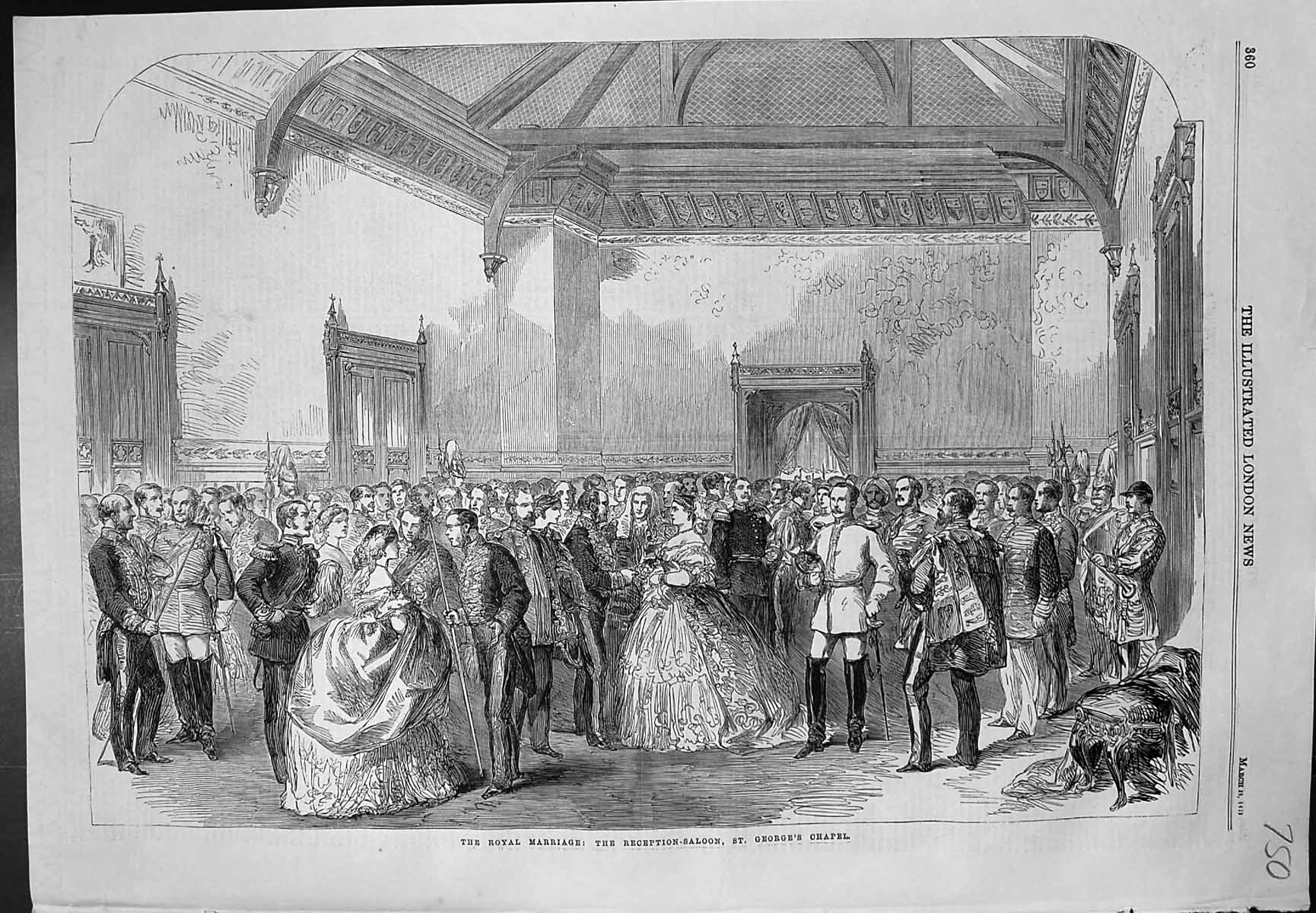 Old Antique Print Royal Marriage Reception Saloon St Georges Chapel 1863 19th