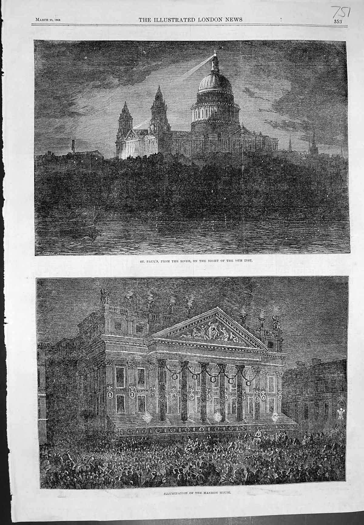 Antique Old Print St Pauls From River Night Illumination Mansion House 1863