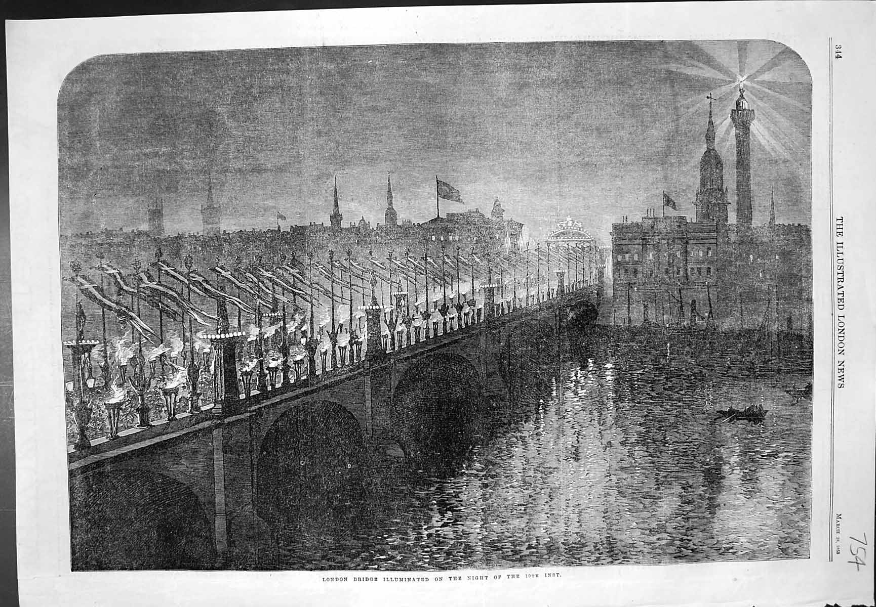Original Old Antique Print London Bridge Illuminated Night 10Th March 1863
