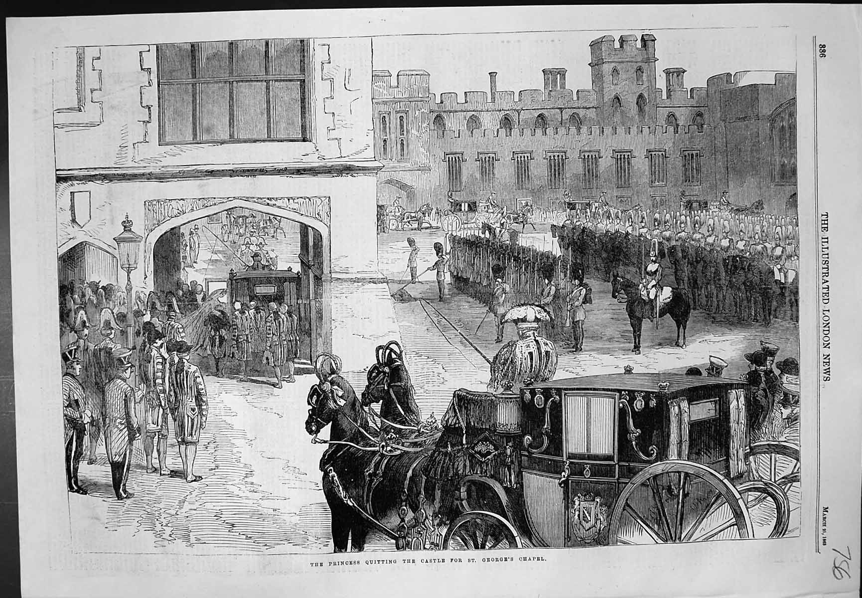 Original Old Antique Print Princess Leaving Castle For St Georges Chapel 1863