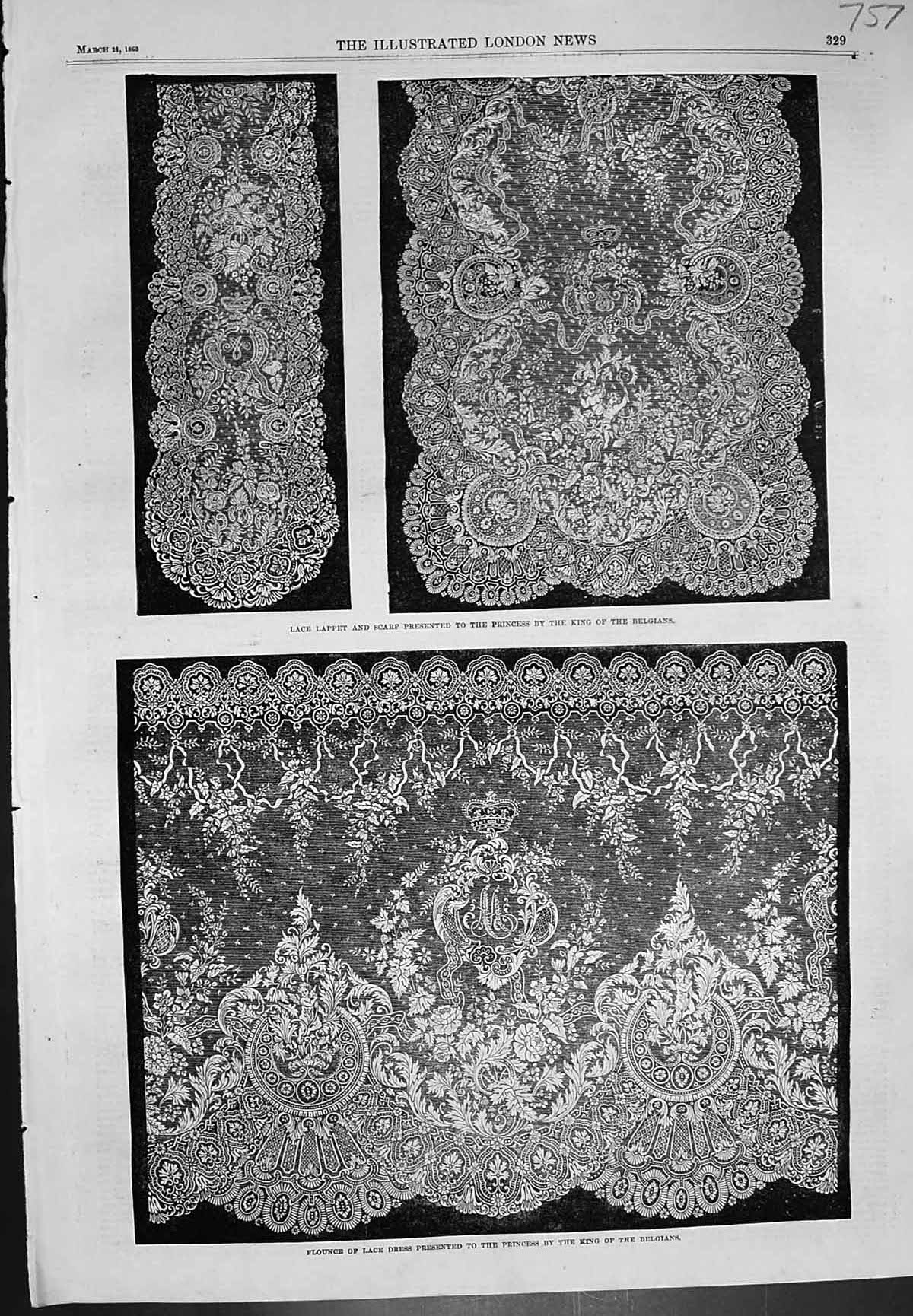 Old Antique Print Lace Lappet Scarf Presented Princess King Belgians 1863 19th