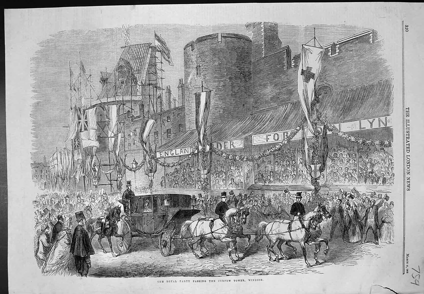 Original Old Antique Print Royal Party Passing Curfew Tower Windsor 1863 19th