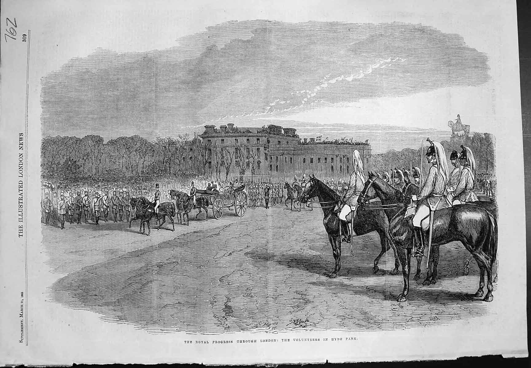 Old Antique Print Royal Progress Through London Volunteers Hyde Park 1863 19th