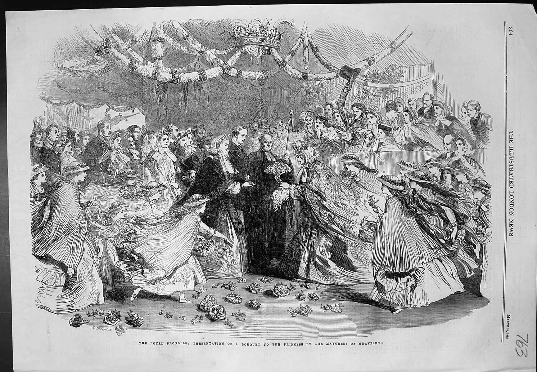 Antique Old Print Royal Progress Presentation Bouquet Mayoress Gravesend 1863