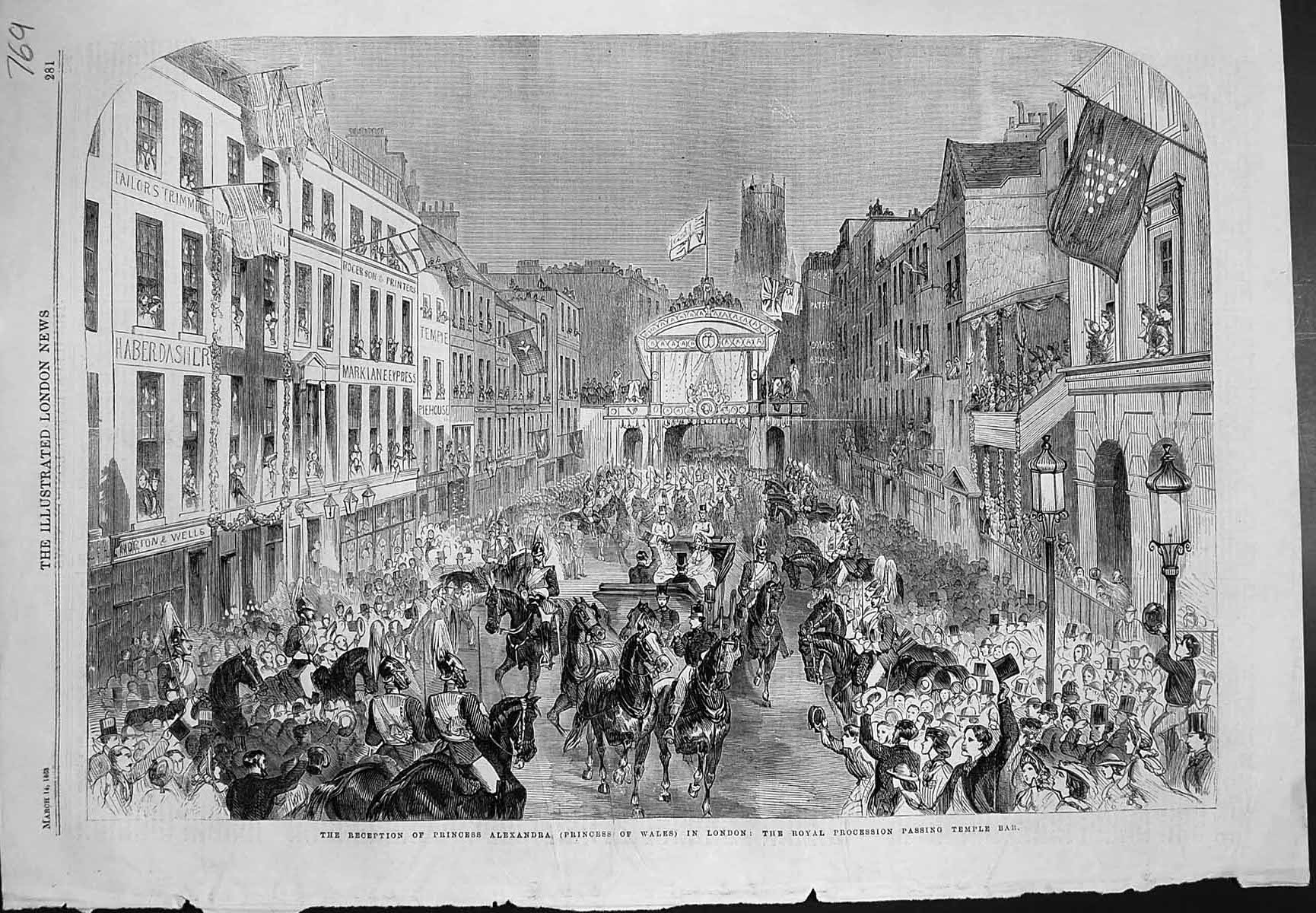 Old Print Reception Princess Alexandra London Procession Temple Bar 1863 19th