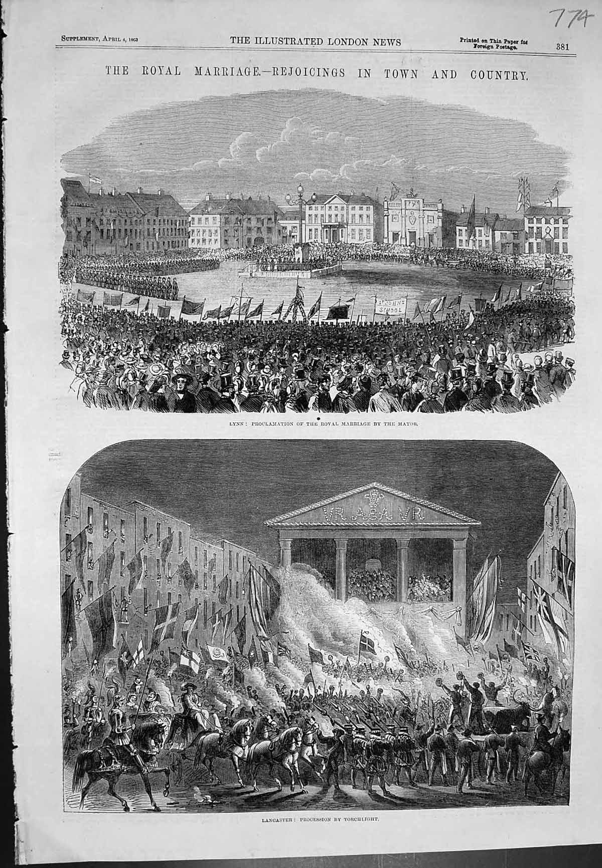 Antique Old Print Lynn Proclamation Royal Marriage Lancaster Procession 1863