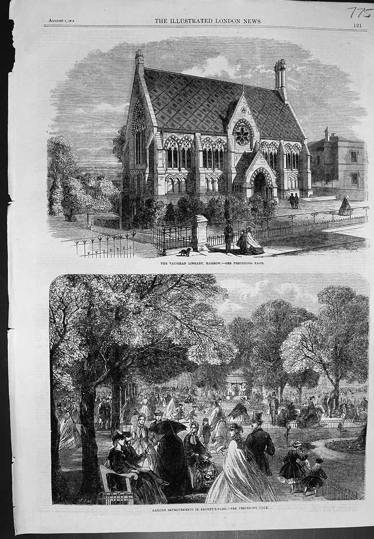 Antique Print Vaughan Library Harrow Garden Improvements Regents Park 1863 19th
