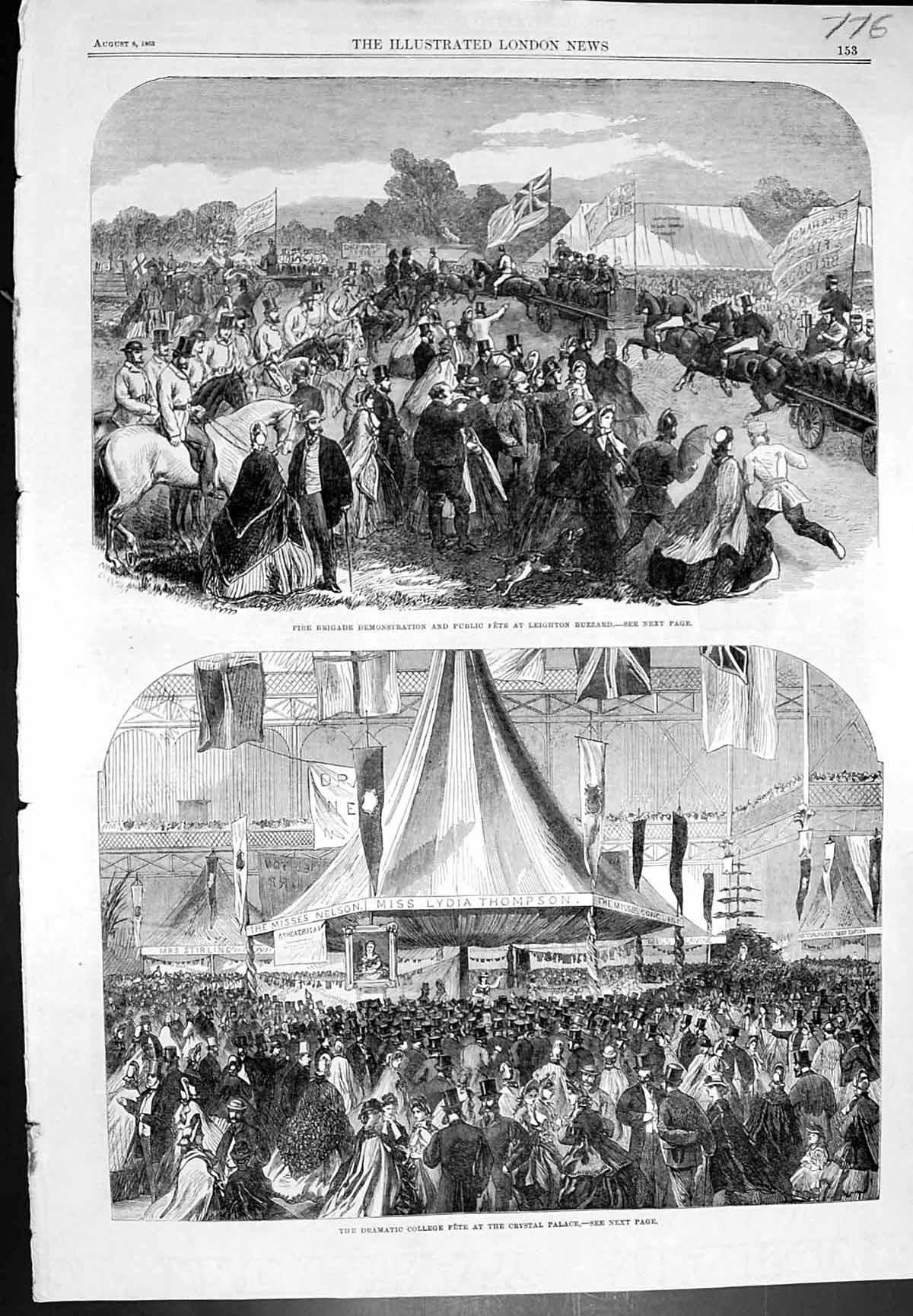 Antique Print Fire Brigade Fete Leighton Buzzard Dramatic College Fete 1863