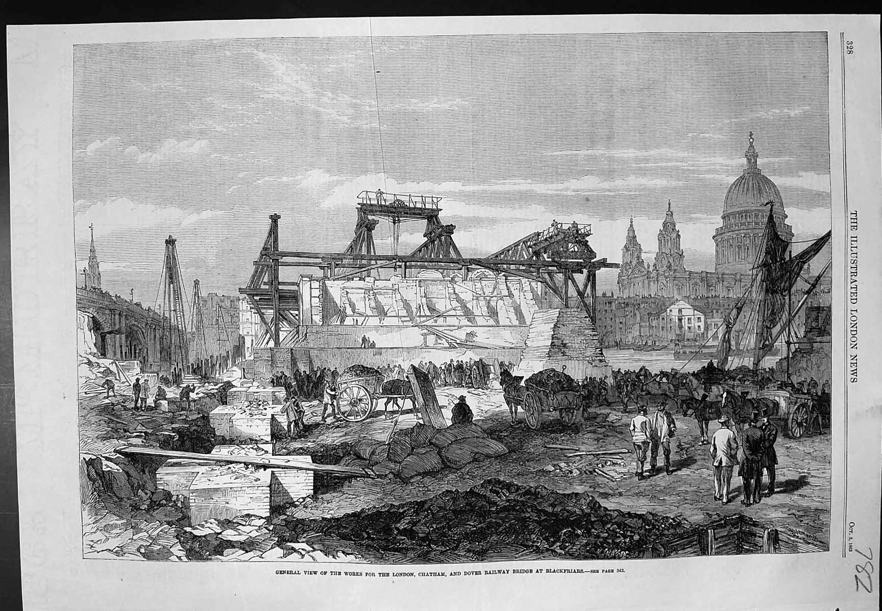 Antique Old Print Works London Chatham Dover Railway Bridge Blackfriars 1863