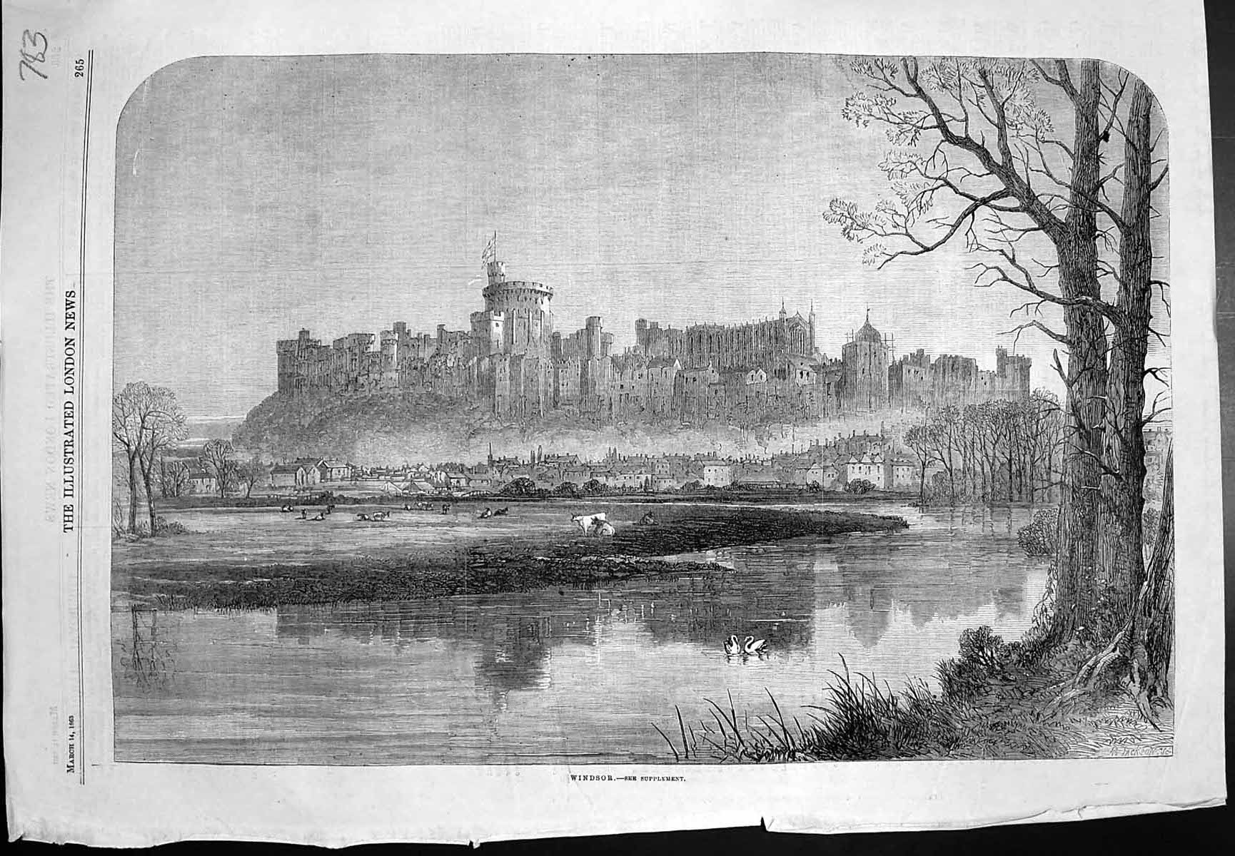 Old Antique Print Windsor M Jackson View Castle Surroundings River 1863 19th