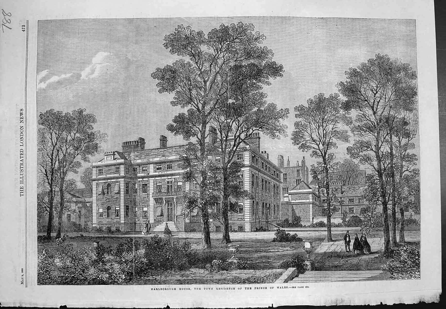 Original Old Antique Print Marlborough House Town Residence Prince Wales 1863